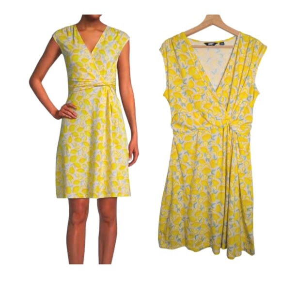 Lands' End Lemon Gingham Check Print Twist Knot Dress Size L 14-16 Soft Knit‎ - Picture 1 of 9